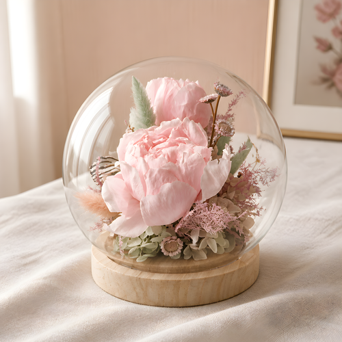 Bola de Cristal con Peonías Preservadas y Mariposa