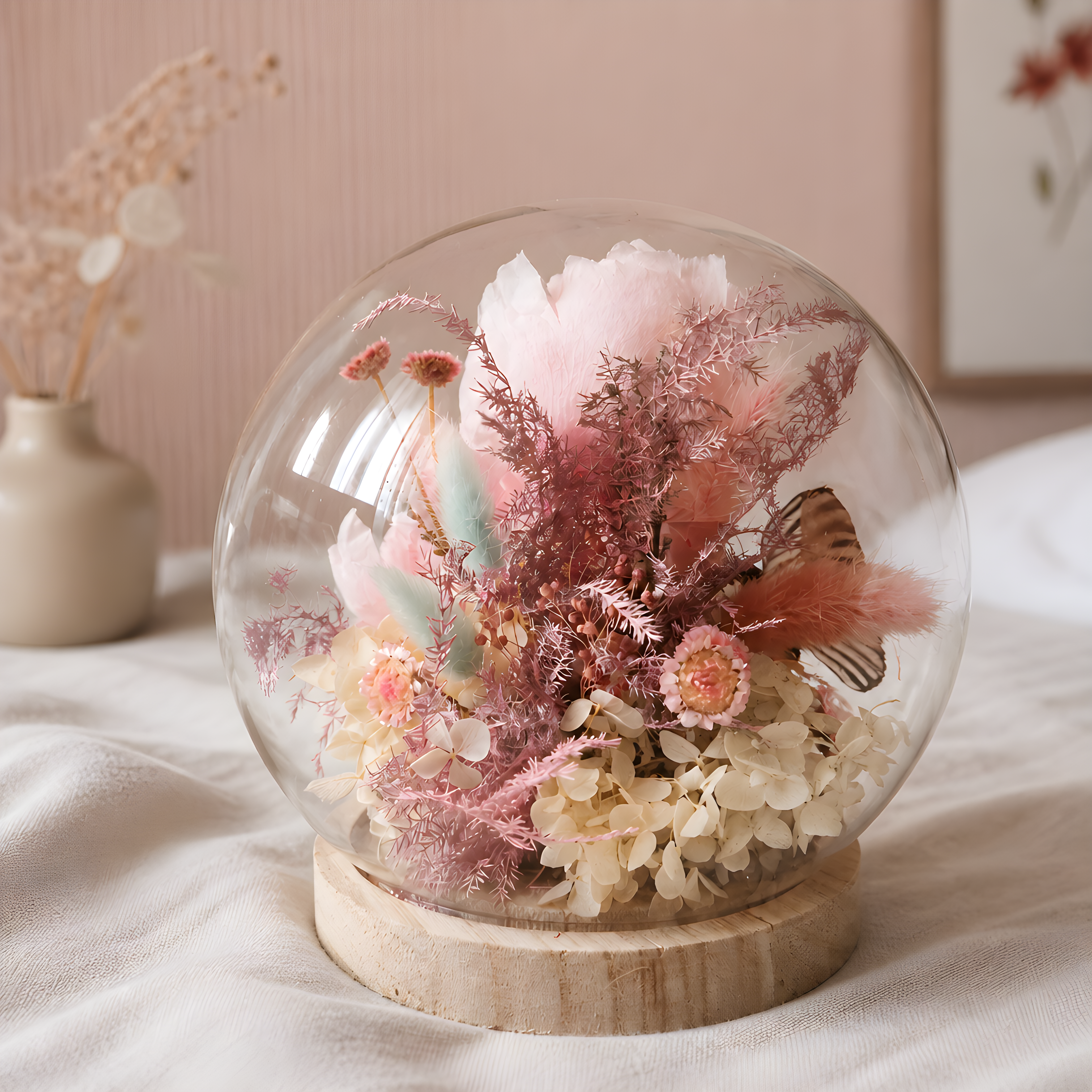 Bola de Cristal con Peonías Preservadas y Mariposa
