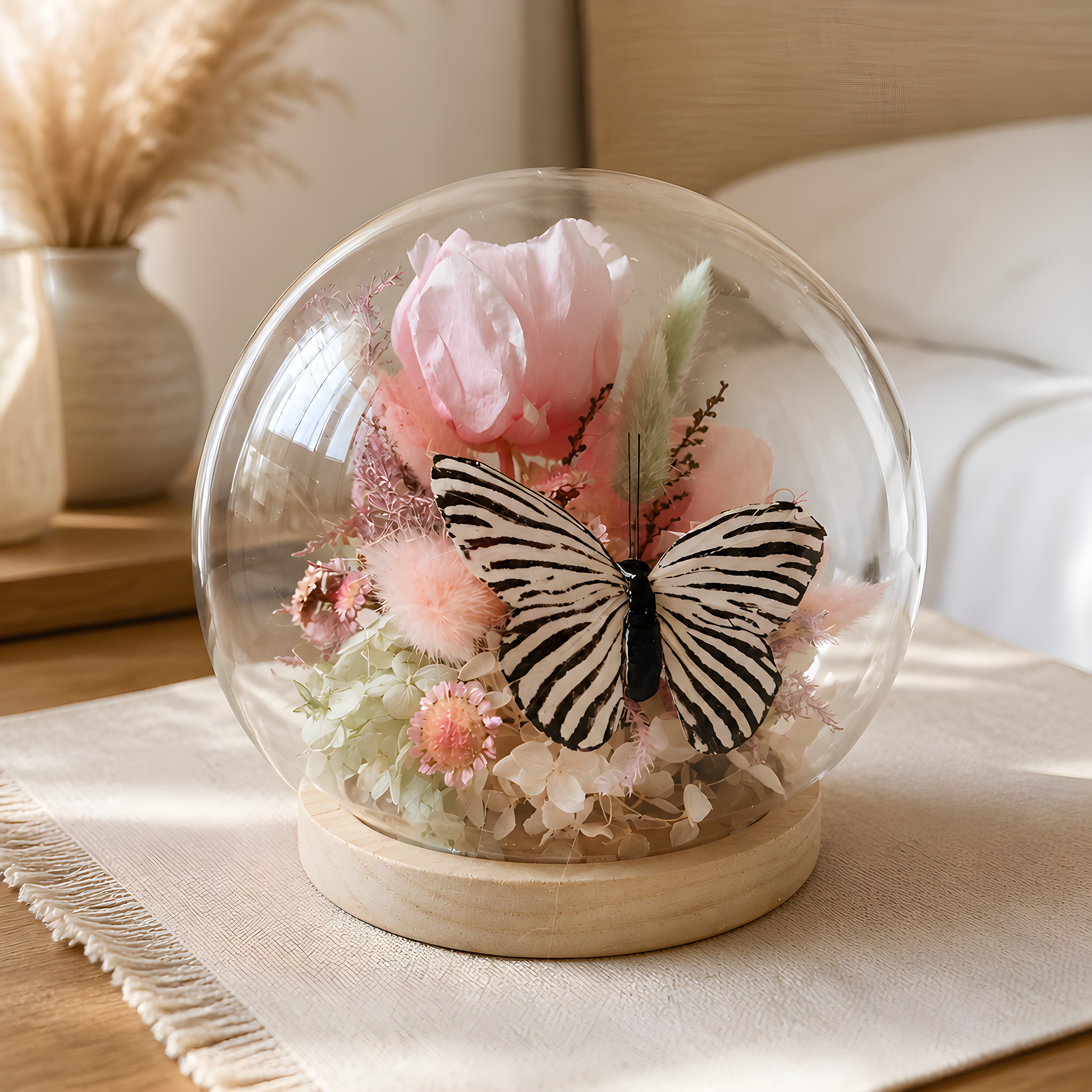 Bola de Cristal con Peonías Preservadas y Mariposa