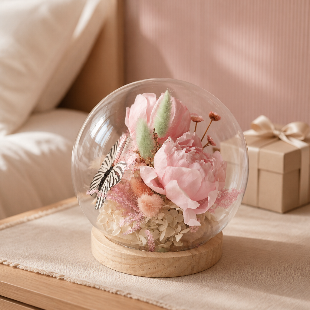 Bola de Cristal con Peonías Preservadas y Mariposa
